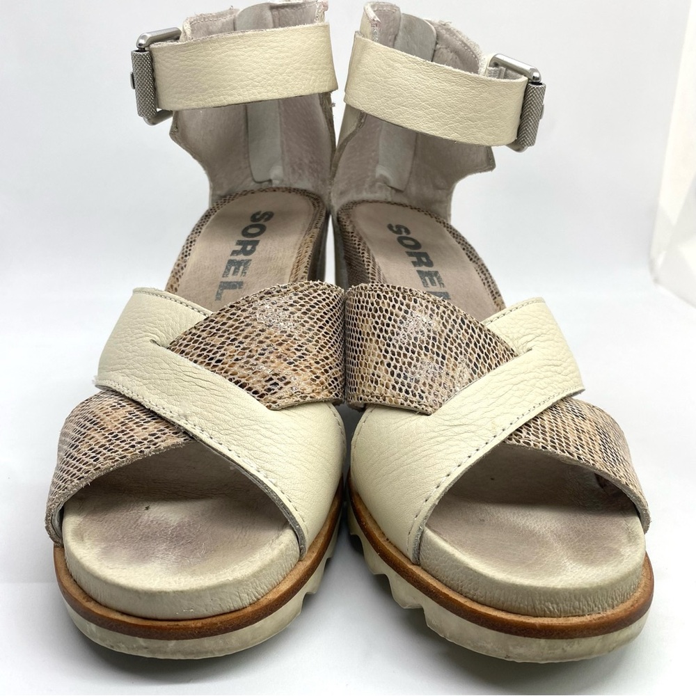 Sorel Joanie II Leather Faux Snake Skin Print Back Zip Buckle Wedges Sandals